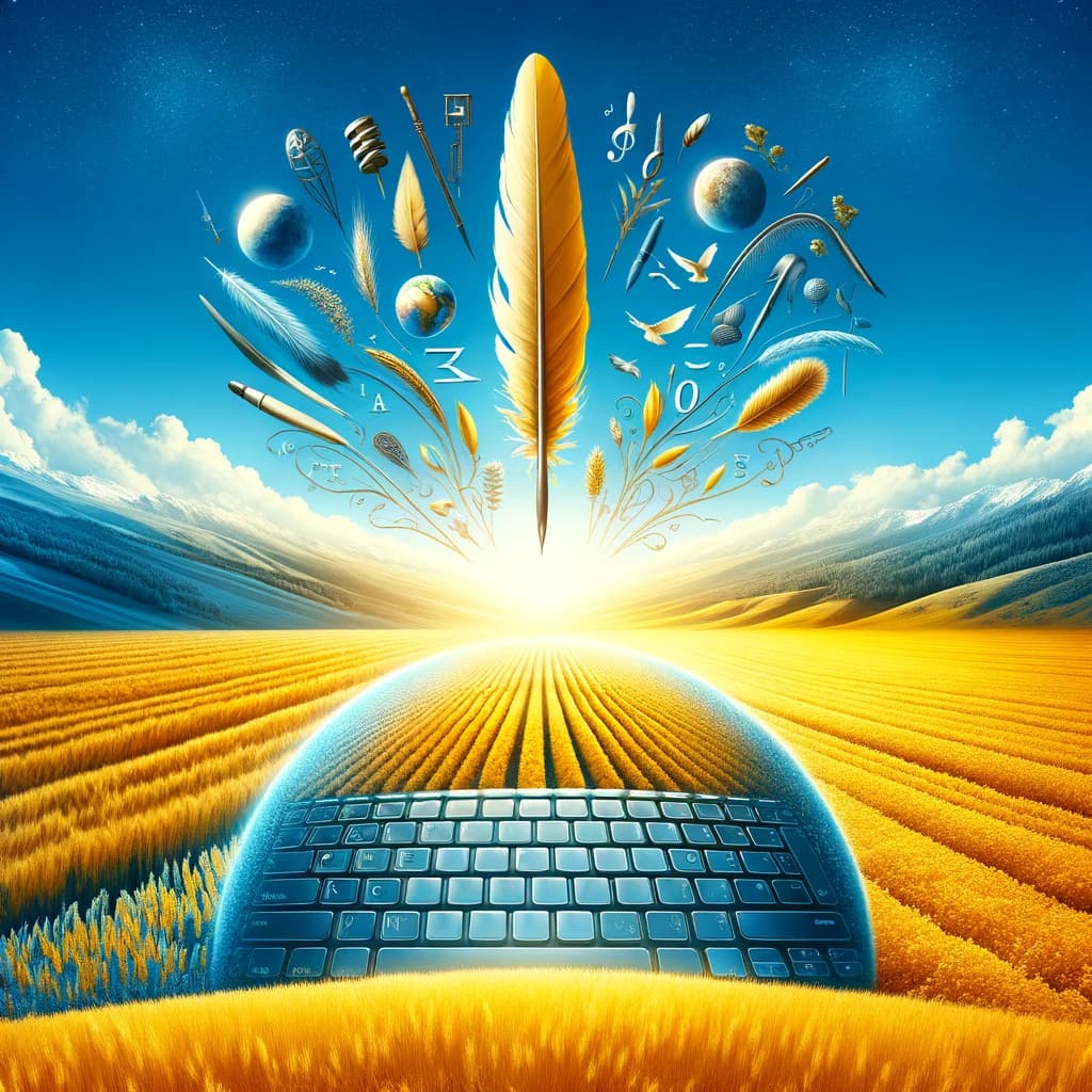 Yellow field, blue sky, quill and keyboard